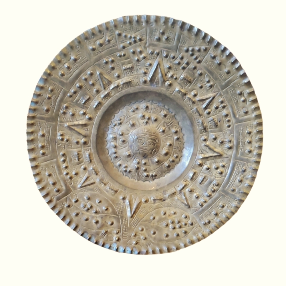 Vintage Hand Hammered Brass Mayan Calender Platter 11.5"
